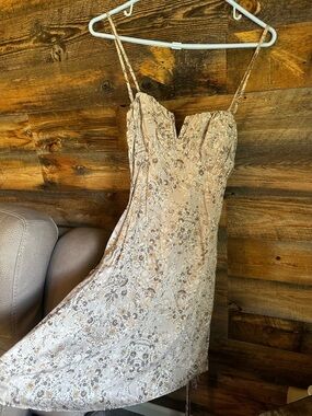 Floral Lace-Trim Spaghetti Strap Dress in Beige